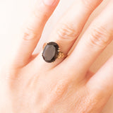 Vintage-Cocktailring aus 9-karätigem Gelbgold mit Rauchquarz (ca. 5 Karat) und Herzverzierungen, 1991