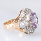 Anello a margherita vintage in stile antico in oro giallo 18K e argento con ametista (3ct ca.) e diamanti di taglio rosetta (0.70ctw ca.), anni ‘40/‘50