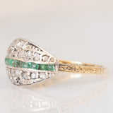 Vintage antique style ring in 14K yellow gold and silver with square cut emeralds (0.12ct approx.) and rose cut diamonds (0.26ctw approx.), 50s/60s