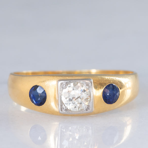 Trilogy gypsy vintage in oro giallo 18K con diamante (0.35ct ca.) e zaffiri (0.36ctw ca.), anni ‘50/‘60