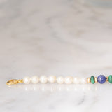 Braccialetto vintage con perle bianche, lapislazzuli, malachite e con dischi e chiusura in oro giallo 14K, anni ‘70