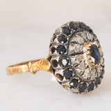Anello a margherita vintage in stile antico in oro giallo 18K e argento con zaffiri (1ctw ca.) e diamanti di taglio rosetta (0.12ctw ca.), anni ‘60/‘70