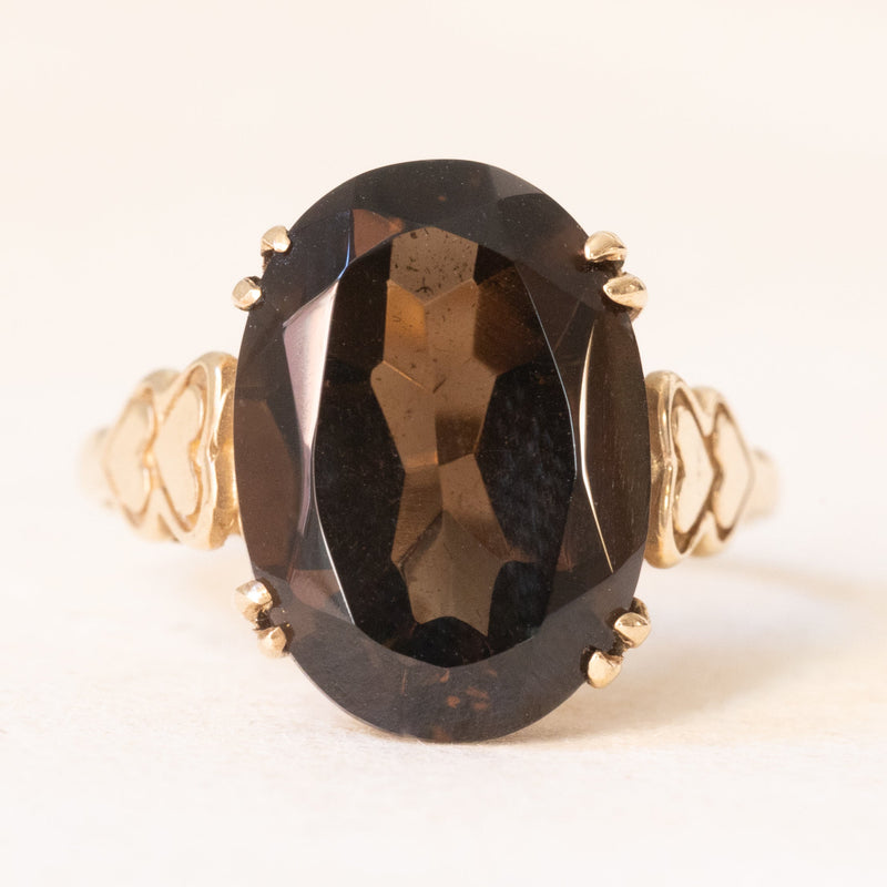 Anello da cocktail vintage in oro giallo 9K con quarzo fumé (5ct ca