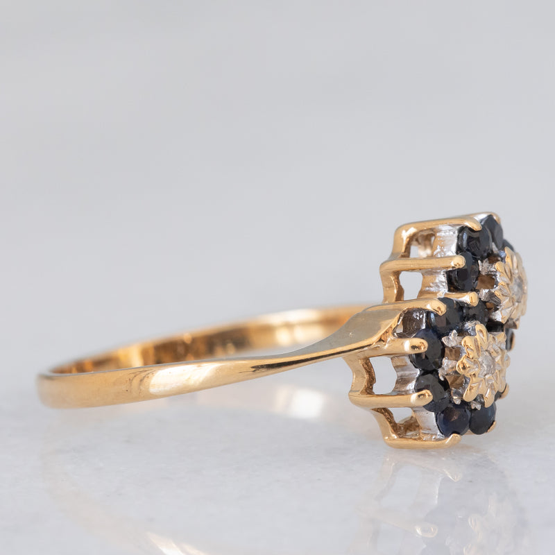Toi et Moi con fiori in oro giallo 9K con zaffiri (0.40ctw ca.) e diamanti (0.02ctw ca.), anno 1997