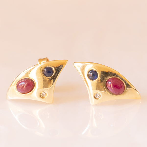 Orecchini astratti vintage in oro giallo 14K con rubini, zaffiri e diamanti, anni ‘70/‘80