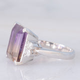 Anello da cocktail vintage in platino con ametrina (7.55ct) e diamanti (0.33ctw), anni ‘80/‘90
