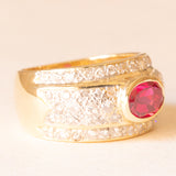 Vintage 18K yellow gold band ring with ruby ​​(approx. 1.40ct) and brilliant cut diamonds (approx. 1ct), 70s/80s