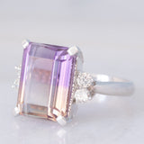 Anello da cocktail vintage in platino con ametrina (7.55ct) e diamanti (0.33ctw), anni ‘80/‘90