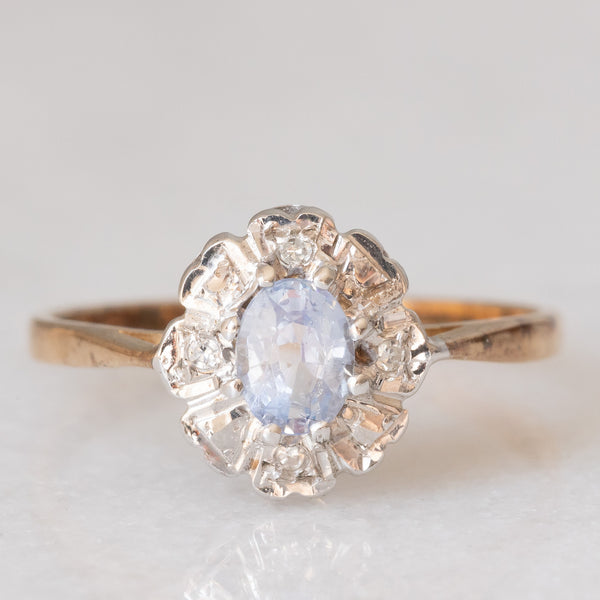 Anello a margherita vintage in oro giallo e bianco 9K con zaffiro e diamanti, anno 1992