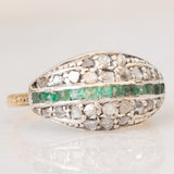 Vintage antique style ring in 14K yellow gold and silver with square cut emeralds (0.12ct approx.) and rose cut diamonds (0.26ctw approx.), 50s/60s
