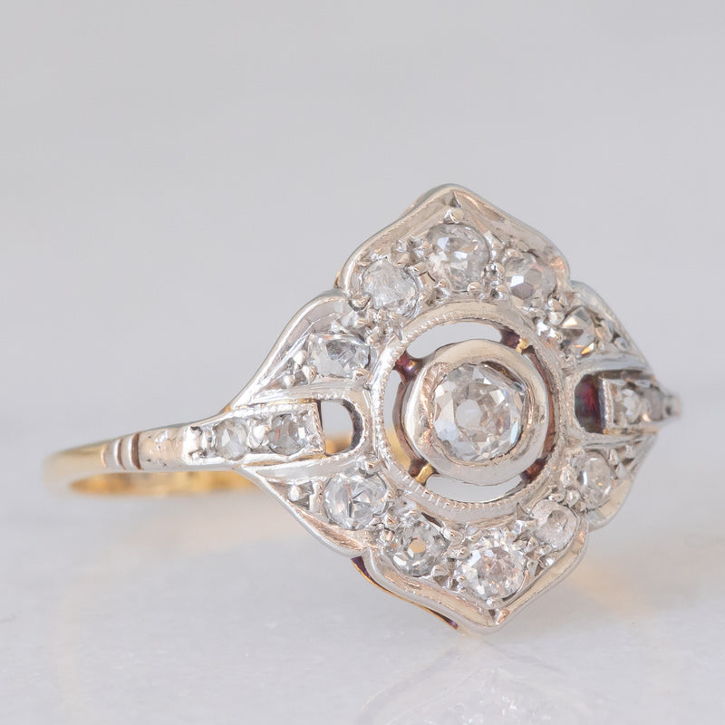 Anello Art Déco in oro giallo e bianco 14K con diamanti di taglio vecchia miniera e di taglio rosetta (0.30ctw ca.), anni ‘30