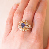 Vintage 18K yellow gold ring with sapphire (1.20ct approx.) and marquise and baguette cut diamonds (2.70ctw approx.), 70s