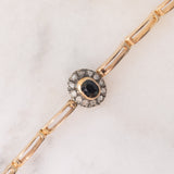 Braccialetto semirigido retrò in oro giallo 14K a argento con zaffiro (1ct ca.) e diamanti di taglio rosetta (0.36ctw ca.), anni ‘40/‘50