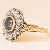 Gänseblümchen-Ring im Vintage-Antik-Stil aus 18 Karat Gelbgold und Silber mit Saphir (ca. 1.40 ct) und Diamanten im Rosettenschliff