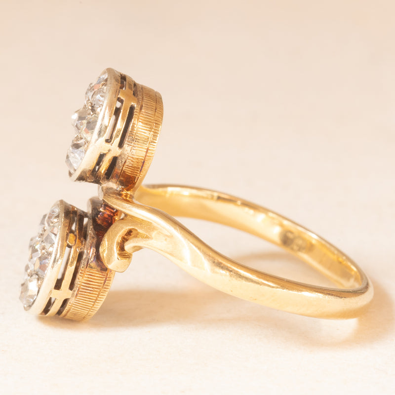 Anello Toi et Moi vintage in oro giallo e bianco 18K con diamanti di taglio vecchia miniera (0.50ctw ca.), anni ‘50
