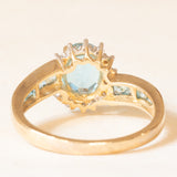 Bague vintage en or jaune 9 carats avec topaze bleue (environ 1.64 ct au total) et diamants (environ 0.14 ct au total), années 80