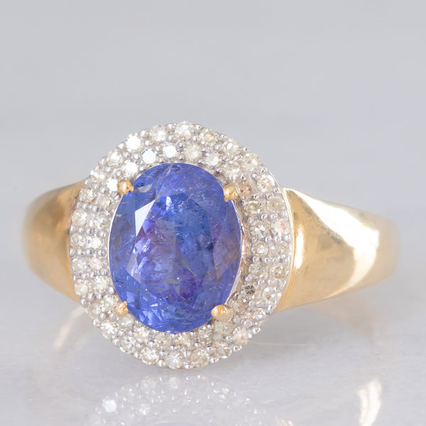 Anello a margherita vintage in oro giallo e bianco 14K con tanzanite (2.10ct ca.) e diamanti (0.30ctw ca.), anni ‘80
