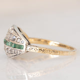 Vintage antique style ring in 14K yellow gold and silver with square cut emeralds (0.12ct approx.) and rose cut diamonds (0.26ctw approx.), 50s/60s