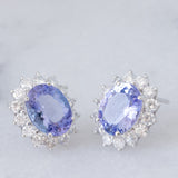 Orecchini a margherita vintage in platino con tanzaniti (4.45ctw) e diamanti (1.26ctw), anni ‘80/‘90
