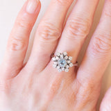 Anello a fiocco di neve vintage in oro bianco 14K con acquamarina (0.50ct ca.) e diamanti (0.70ctw ca.), anni ‘70