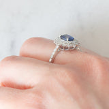 Anello a margherita vintage in platino con zaffiro (1.20ct) e diamanti (0.80ctw), anni ‘90