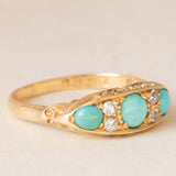 Anello antico edoardiano in oro giallo 18K con turchesi e diamanti di taglio vecchia miniera(0.12ctw ca.), anno 1907