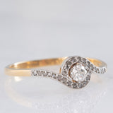 Anillo tourbillon vintage de oro amarillo de 18 quilates y plata con diamantes (centro de aprox. 0.15 ct), década de 50