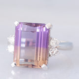 Anello da cocktail vintage in platino con ametrina (7.55ct) e diamanti (0.33ctw), anni ‘80/‘90