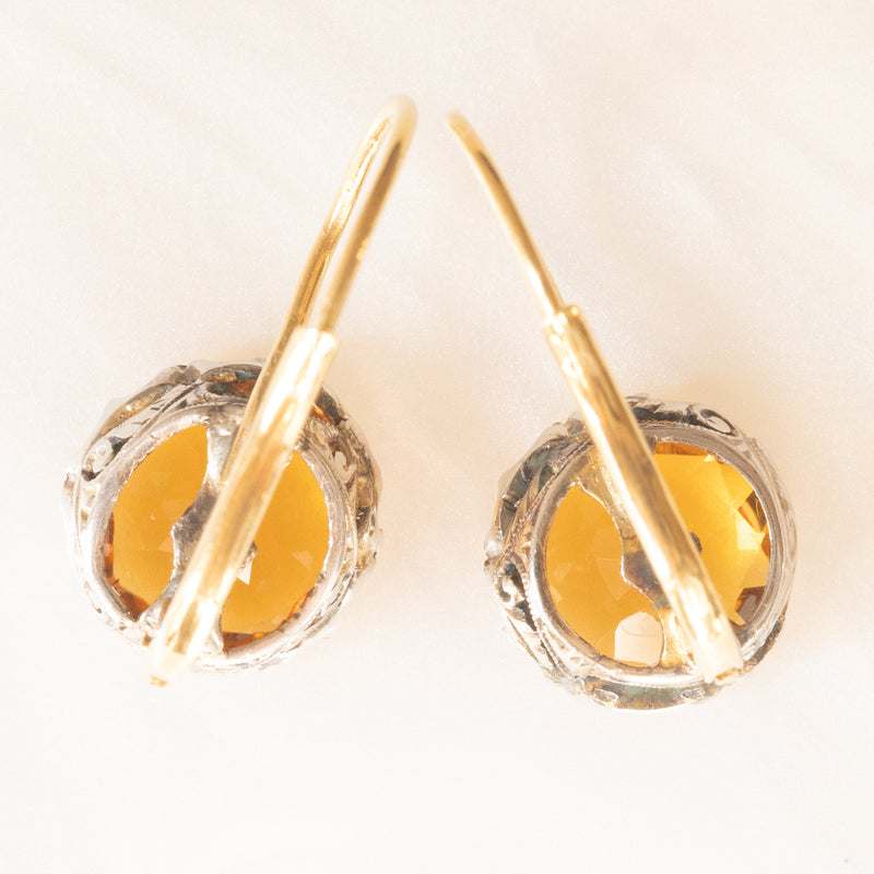 Orecchini antichi in oro giallo 18K e argento con quarzi citrini (4ctw ca.), primi del ‘900