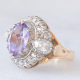 Anello a margherita vintage in stile antico in oro giallo 18K e argento con ametista (3ct ca.) e diamanti di taglio rosetta (0.70ctw ca.), anni ‘40/‘50