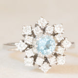 Anello a fiocco di neve vintage in oro bianco 14K con acquamarina (0.50ct ca.) e diamanti (0.70ctw ca.), anni ‘70