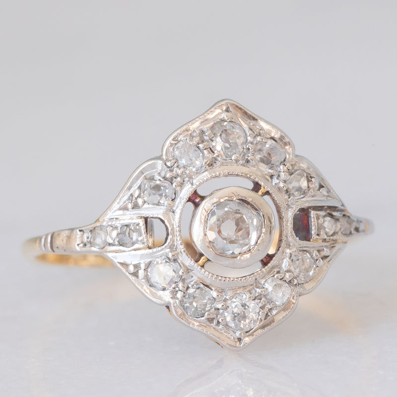 Anello Art Déco in oro giallo e bianco 14K con diamanti di taglio vecchia miniera e di taglio rosetta (0.30ctw ca.), anni ‘30