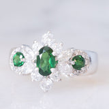 Anello a fiore vintage in platino con tsavoriti (0.80ctw) e diamanti (0.85ctw), anni ‘90/anni ‘2000