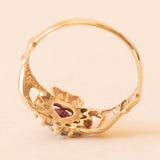 Claddagh-Ring aus 9-karätigem Gelbgold mit Zirkonia und herzförmigem Granat, 60er/70er Jahre
