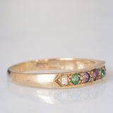 Anello “DEAREST” vintage in oro giallo 9K con diamante, smeraldi, ametista, rubino, zaffiro e tormalina, anno 1994