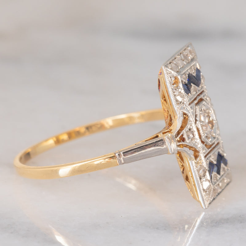 *RISERVATO* Anello Art Déco in oro giallo e bianco 18K con diamanti e zaffiri, anni ‘30