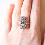 Vintage antique style ring in 18K yellow gold and silver with sapphires and rose-cut diamonds