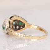 Vintage antique style ring in 14K yellow gold and silver with square cut emeralds (0.12ct approx.) and rose cut diamonds (0.26ctw approx.), 50s/60s