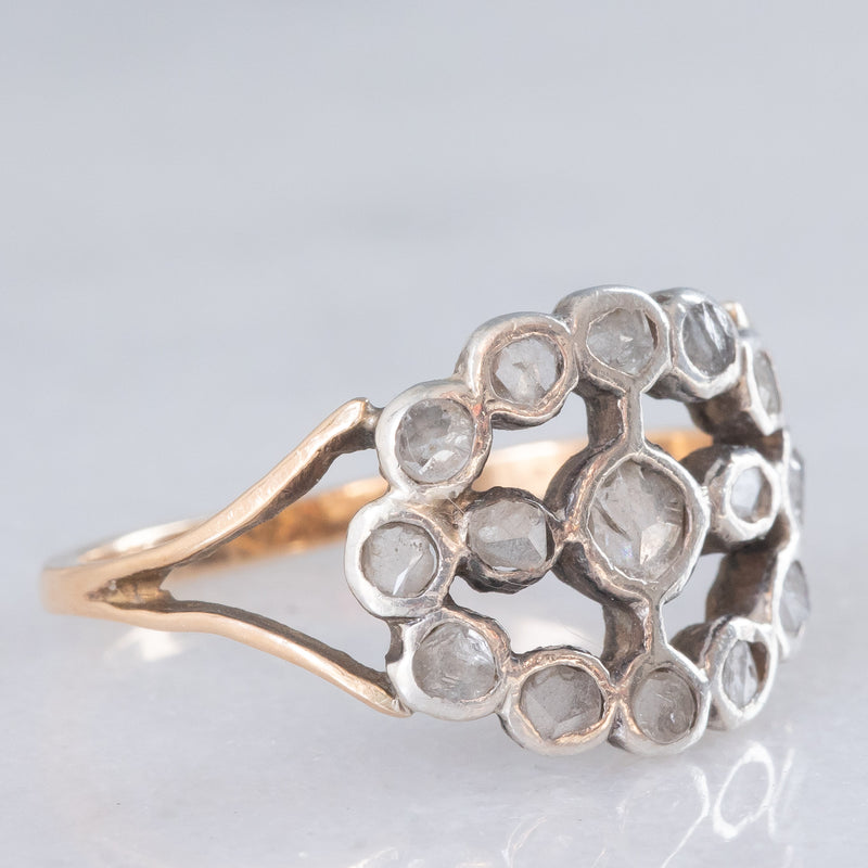 Anello antico in oro giallo 14K e argento con diamanti di taglio rosetta, primi del ‘900