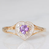 Anello vintage in oro giallo e bianco 9K con ametista di taglio a cuore (0.22ct ca.) e diamante, anni ‘90
