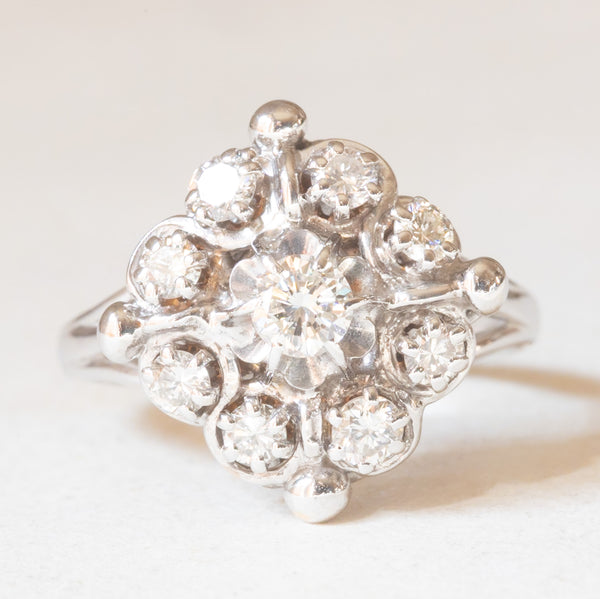 Anello vintage in oro bianco 18K con diamanti di taglio brillante (0.57ctw ca.), anni ‘70