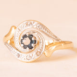 Art-Déco-Tourbillion-Ring aus 18-karätigem Gelb- und Weißgold mit Saphir (ca. 0.15 ct) und Diamanten im Rosettenschliff, 30er Jahre