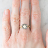 Anello a margherita antico in oro giallo 14K e argento con perla bianca e diamanti di taglio rosetta (0.13ctw ca.), primi del ‘900