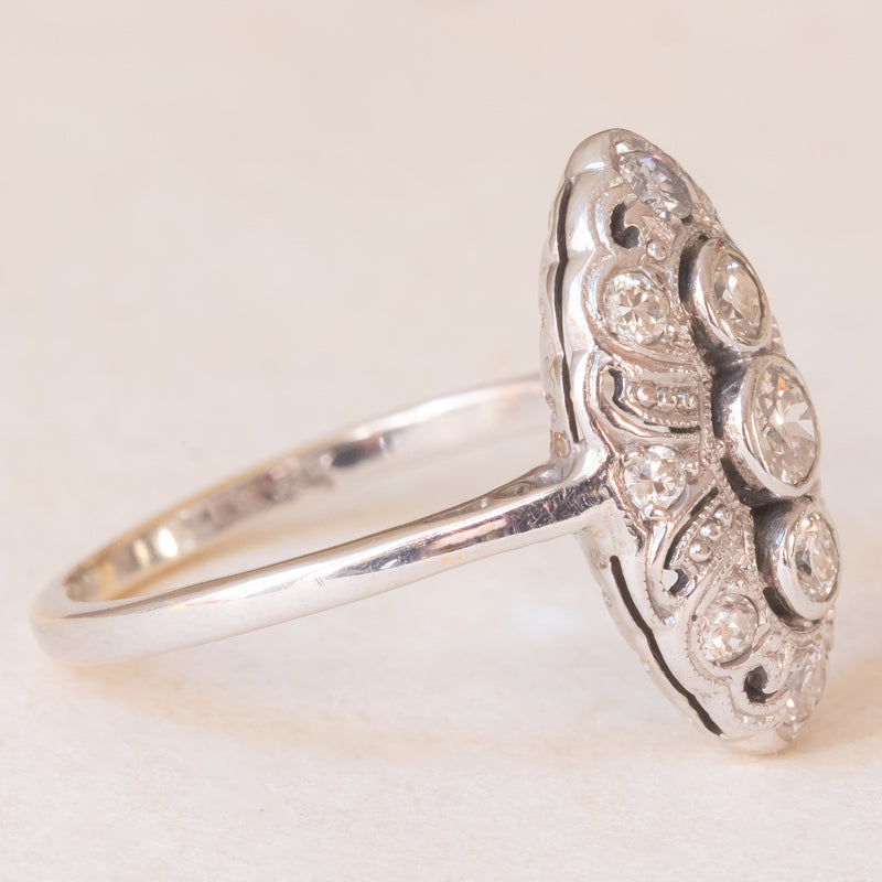 Anello Art Déco in oro bianco 14K con diamanti di taglio vecchia Europa (0.45ctw ca.), anni ‘20