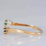 Toi et Moi vintage in oro giallo 18K con zaffiro (0.09ct ca.), smeraldo (0.06ct ca.) e diamanti, anni ‘70/‘80