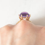 Anello da cocktail vintage in oro giallo 18K con ametista e diamanti di taglio brillante (0.24ctw ca.), anni ‘70/‘80