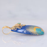 Collana moderna con filo di vetri blu e con pendente in oro giallo 18K con lapislazzuli, smeraldo e diamante
