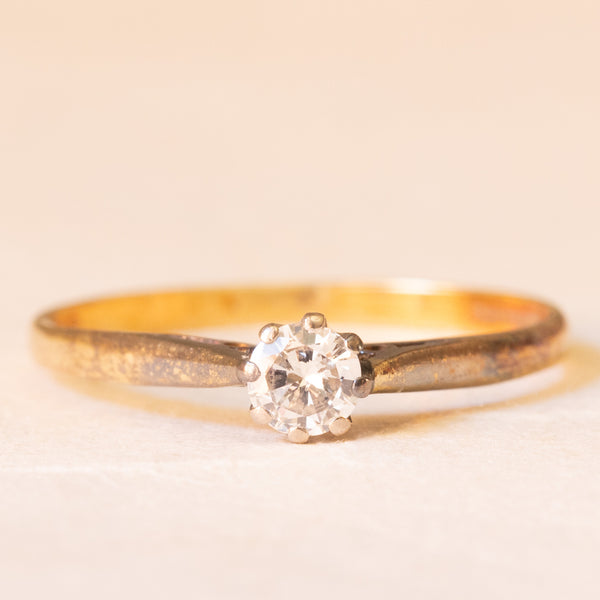 Solitario vintage in oro giallo 18K con diamante di taglio brillante (0.20ct ca.), anno 1982