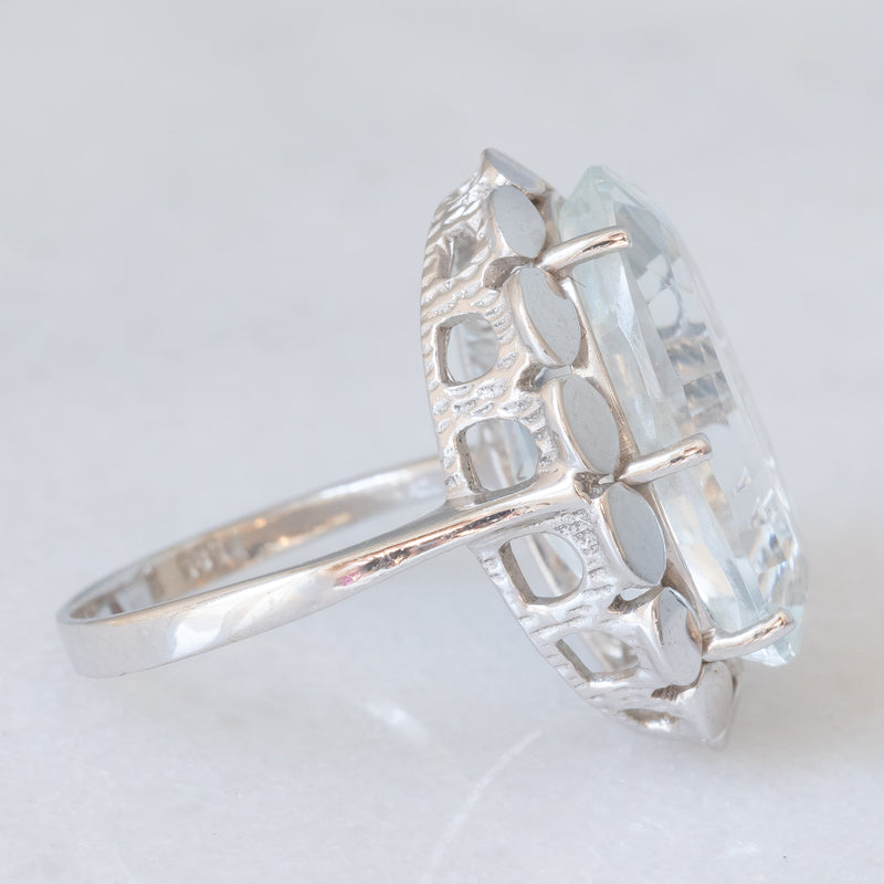Anello da cocktail vintage in oro bianco 14K con acquamarina (10ct ca.), anni ‘80