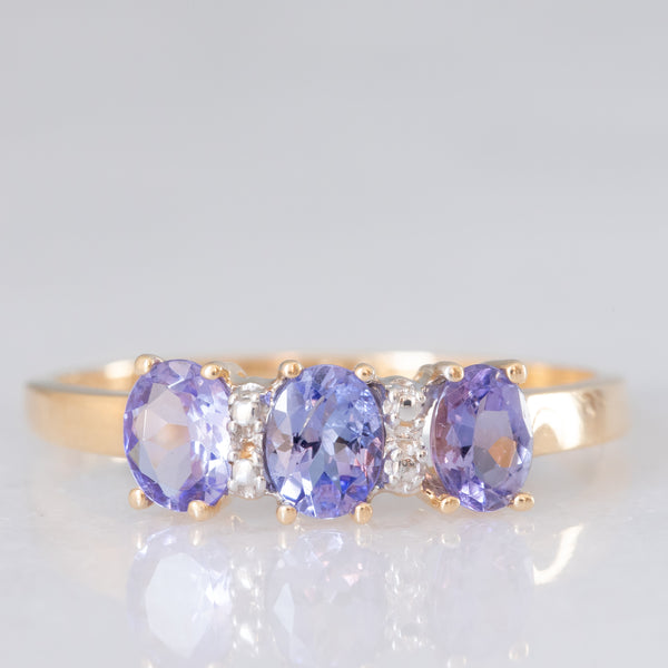 Trilogy vintage in oro giallo 14K con tanzaniti (0.75ctw ca.), anni ‘80